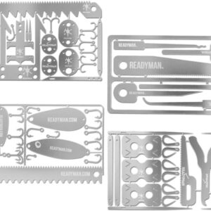ReadyMan EDC Survival Cards 18 Total Survival Kit, 3.5in X 2in, Wilderness Survival Card, Hostage Escape Card, Medical Card, Fisherman Survival Card, Pack Of Four, 301 SS, TOTAL SURVIVAL KIT