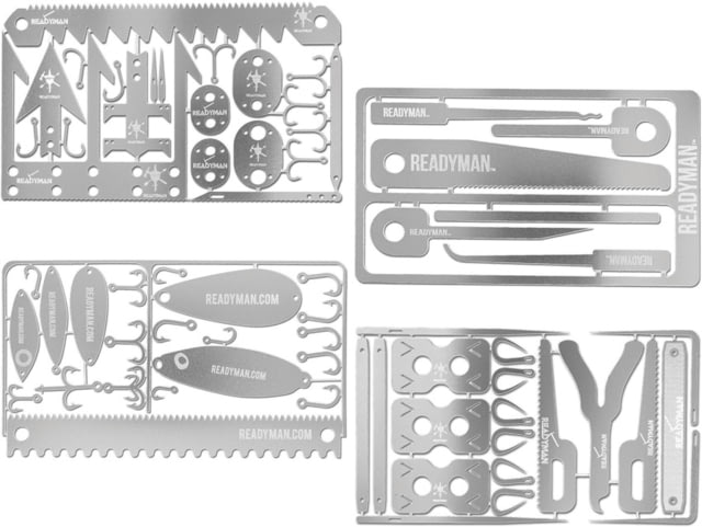 ReadyMan EDC Survival Cards 18 Total Survival Kit, 3.5in X 2in, Wilderness Survival Card, Hostage Escape Card, Medical Card, Fisherman Survival Card, Pack Of Four, 301 SS, TOTAL SURVIVAL KIT