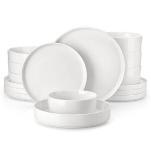 MALACASA 16 Piece Set Of White Curved Vertical Edge Design Ceramic Tableware Including 4 Plates/Dessert Plates/Soup Plates/Bowls Serving 4 People White 16