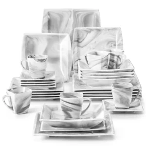 MALACASA 30PCS Marble Grey Porcelain Tableware Dinnerware Set with 6PCS essert/Soup/Dinner Plate/Cup/Saucer,Service for 12