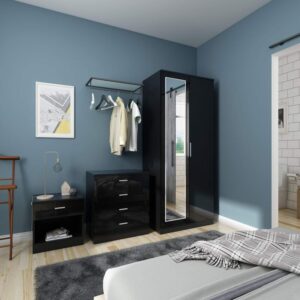 Bedroom Furniture Set 2 Doors Soft Close Wardrobe with Mirror + Chest Of Drawer + Bedside Cabinet High Gloss,Black,Wooden – Elegant