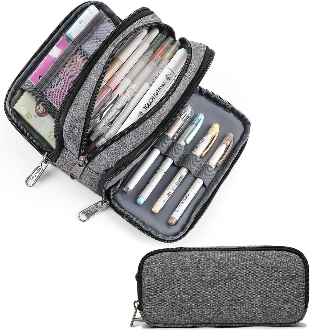 Della Gao Big Capacity Pencil Case, Aesthetic Pencil Pouch with 3 Compartments Large Pencil Bag Nylon Storage Pen Bag Office Stationery Organizer for Women and Men - Grey