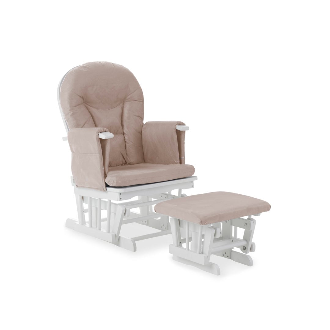 Obaby Reclining Glider Chair and Stool – Sand White 99.6cm H X 65.3cm W X 71.9cm D